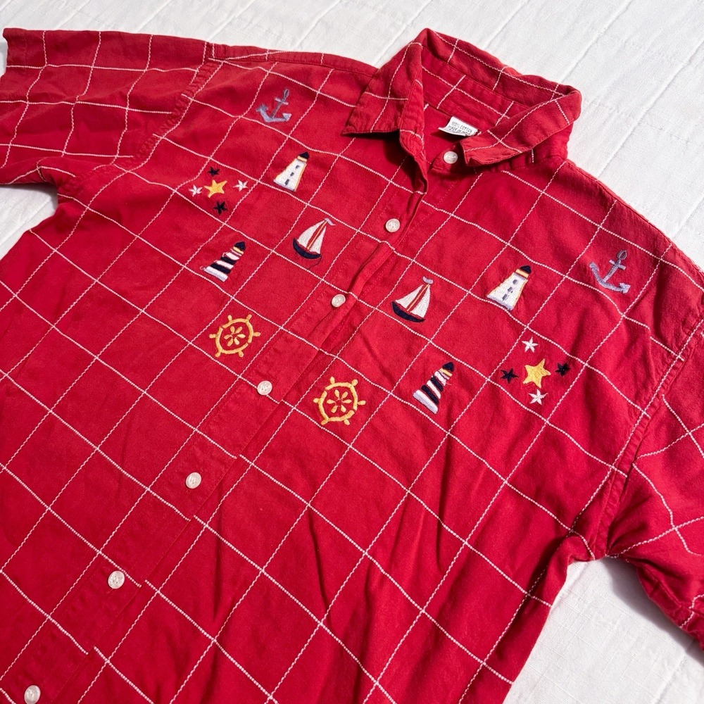 Vintage Women's MEDIUM Nautical Coastal Embroidered Shirt Top Sail Boat Red 90s